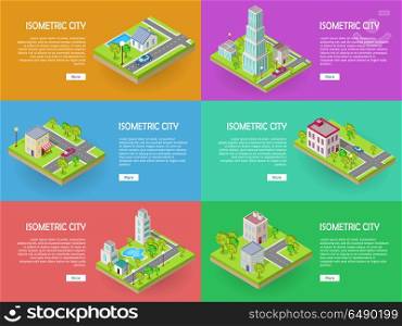 Isometric City Vector Web Banners set. Architecture. Isometric city vector web banners set. Modern architecture, skyscraper exterior, clean sustainable eco city. Home and office buildings. Eco friendly environment. Residential estate cityscape.