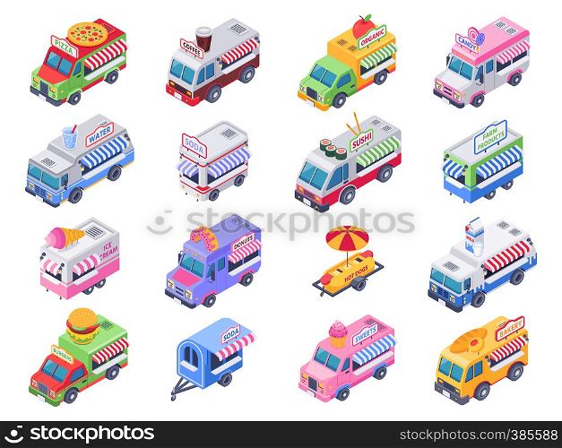 Isometric food trucks. Street carts, hot dog truck and outdoor coffee selling market. Food trucking industry or street industrialized transport cart fair. 3d vector illustration isolated sign set. Isometric food trucks. Street carts, hot dog truck and outdoor coffee selling market 3d vector illustration set