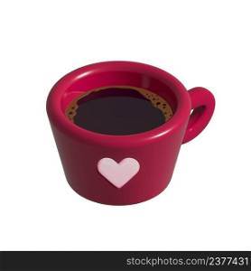 Isometric hot black coffee cup icon. 3d model americano in a red cup with white heart isolated on white background.. Isometric hot black coffee cup icon. 3d model americano in red cup with heart isolated on white background.