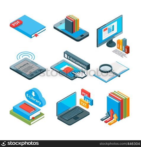 Isometric icons of electronic books and other gadgets for reading. Vector electronic book tablet, ebook and e-reader illustration. Isometric icons of electronic books and other gadgets for reading
