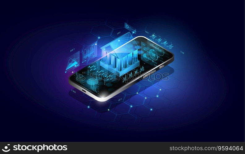 Isometric image of smartphone and bank. Mobile bank conceptual illustration. Internet online banking on phone. Financial technologies. software and mobile application for finance services.