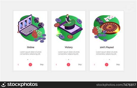 Isometric online casino vertical banners set with laptop tablet chips dice cards wheel 3d isolated vector illustration