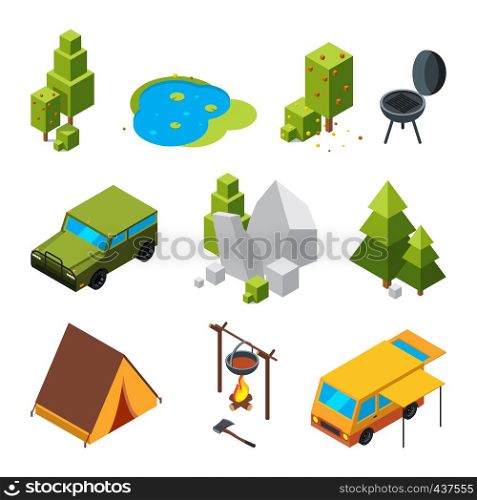 Isometric pictures of camping. Garden, stones and rocks, tent. Vector 3d pictures camp tent, tree and car for travel illustration. Isometric pictures of camping. Garden, stones and rocks, tent. Vector 3d pictures