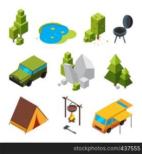 Isometric pictures of camping. Garden, stones and rocks, tent. Vector 3d pictures camp tent, tree and car for travel illustration. Isometric pictures of camping. Garden, stones and rocks, tent. Vector 3d pictures