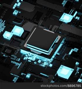 Isometric processor chip, smart microchip, 3D illustration