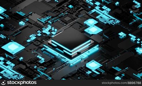 Isometric processor chip, smart microchip, 3D illustration