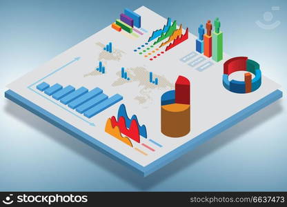 Isometric view of various business charts - 3d rendering