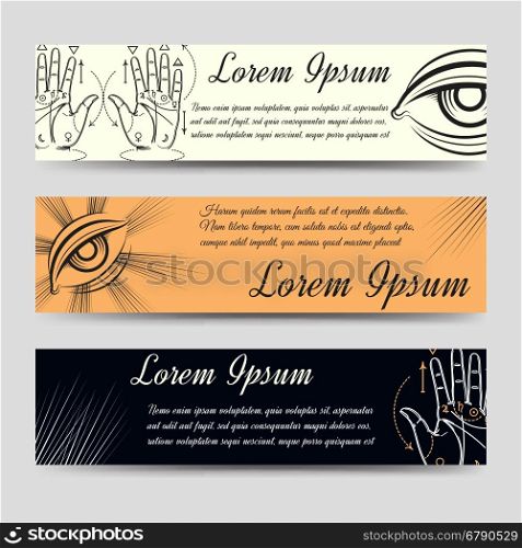Isoteric banners set with alchemy elements. Isoteric banners set. Horizontal banners with alchemy and palmistry elements. Vector ilustration