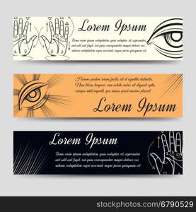 Isoteric banners set with alchemy elements. Isoteric banners set. Horizontal banners with alchemy and palmistry elements. Vector ilustration