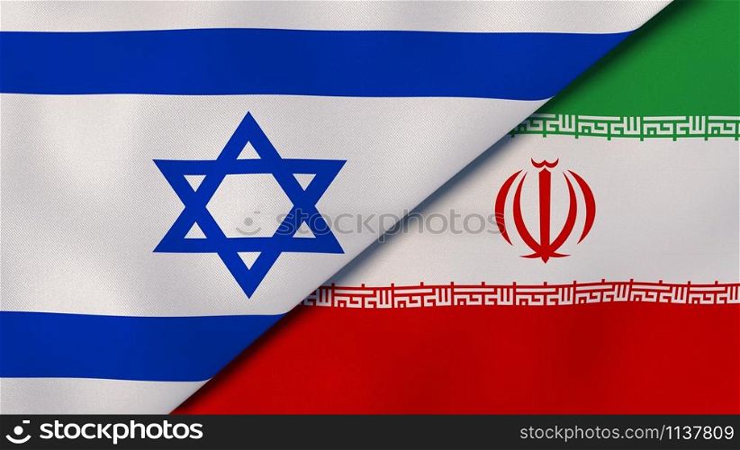 Israel Iran national flags. News, reportage, business background. 3D illustration.. Israel Iran national flags. News, reportage, business background. 3D illustration