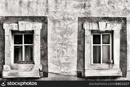 Israel Old Windows Decorated with Ceramic Flower Pot and Wooden Box in Jaffa. Black and White Photo