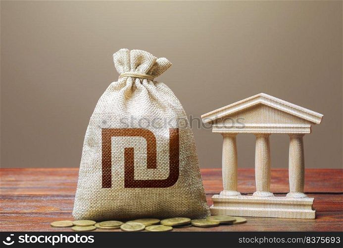Israeli shekel money bag and bank / government building. Monetary policy. Tax collection and budgeting. GDP and GNP. Support businesses in times of crisis. Lending loans, deposits. State debt.