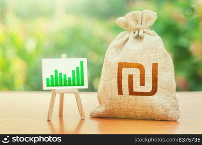 Israeli shekel money bag and easel with green positive growth graph. Economic development. High deposits profitability. Business sentiment. Recovery and growth economy, good investment attractiveness