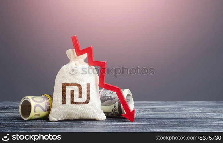 Israeli shekel money bag and red down arrow. Economic difficulties fall. Capital flow, high risks. Crisis, loss money savings. Stagnation, recession, declining business activity, falling wealth.