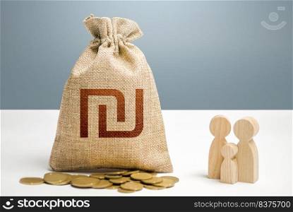 Israeli shekel money bag with money and family figurines. Financial support for social institutions. Investments in human capital, culture social projects. Providing assistance to citizens.