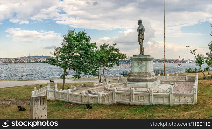 Istambul, Turkey ? 07.12.2019. Ataturk Statue on the embankment of Bosphorus in Istanbul on a cloudy summer day. Ataturk Monument in Istanbul, Turkey