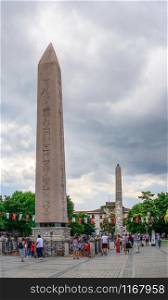 Istambul, Turkey ? 07.12.2019. Obelisk of Theodosius in Istanbul, Turkey, on a cloudy summer day.. Obelisk of Theodosius in Istanbul, Turkey