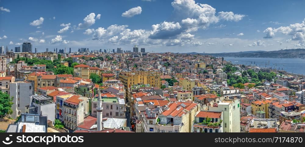 Istambul, Turkey ? 07.13.2019. Big panoramic top view of Beyoglu district in Istanbul on a sunny summer day. Top panoramic view of Beyoglu district in Istanbul, Turkey