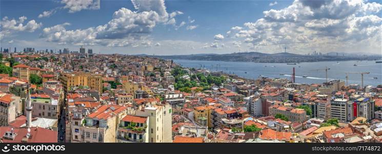 Istambul, Turkey ? 07.13.2019. Big panoramic top view of Beyoglu district in Istanbul on a sunny summer day. Top panoramic view of Beyoglu district in Istanbul, Turkey