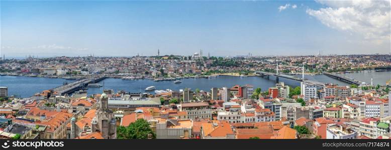 Istambul, Turkey ? 07.13.2019. Big panoramic top view of Eminonu district of Istanbul with Galata and Ataturk bridges on a summer day. Top panoramic view of Istanbul city in Turkey