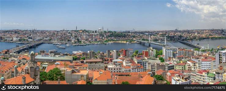 Istambul, Turkey ? 07.13.2019. Big panoramic top view of Eminonu district of Istanbul with Galata and Ataturk bridges on a summer day. Top panoramic view of Istanbul city in Turkey