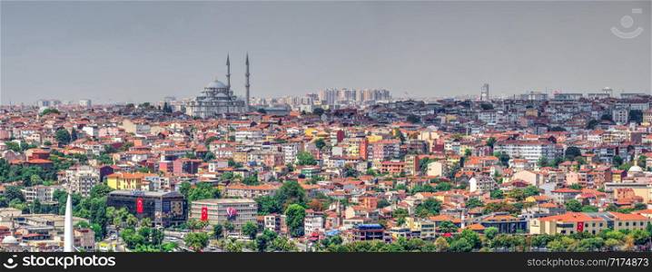 Istambul, Turkey ? 07.13.2019. Big panoramic top view of Fatih district in Istanbul with Suleymaniye Mosque on a summer day. Top panoramic view of Fatih district in Istanbul, Turkey