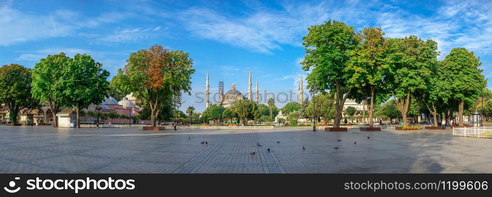 Istambul, Turkey ? 07.13.2019. Many tourists walk around Sultan Ahmet Park on the site of a former Hippodrome in Istanbul, Turkey, on a sunny summer morning. Sultan Ahmed Park in Istanbul, Turkey