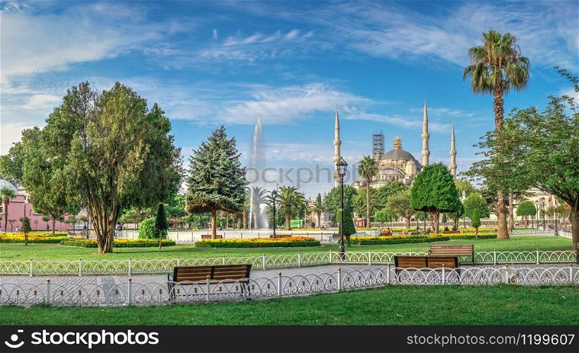 Istambul, Turkey ? 07.13.2019. Many tourists walk around Sultan Ahmet Park on the site of a former Hippodrome in Istanbul, Turkey, on a sunny summer morning. Sultan Ahmed Park in Istanbul, Turkey