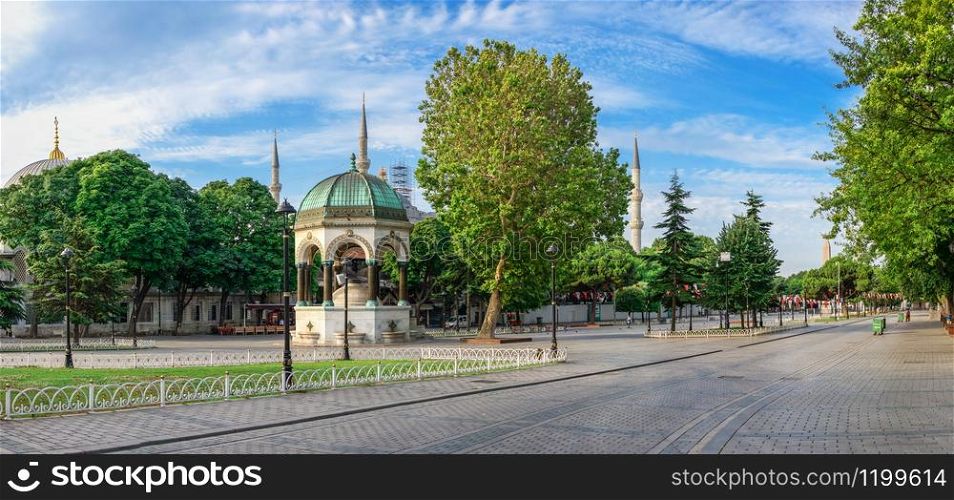 Istambul, Turkey ? 07.13.2019. Many tourists walk around Sultan Ahmet Park on the site of a former Hippodrome in Istanbul, Turkey, on a sunny summer morning. Sultan Ahmed Park in Istanbul, Turkey