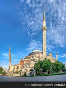 Istambul, Turkey ? 07.13.2019. Minarets of the mosque of Hagia Sophia in Sultan Ahmed Park, Istanbul, Turkey, on a sunny summer morning. Hagia Sophia museum in Istanbul, Turkey
