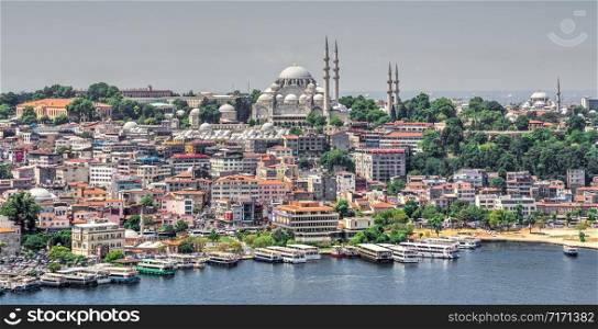 Istambul, Turkey ? 07.13.2019. Top view of Eminonu district of Istanbul and Dock For Bosphorus Trips in Turkey on a summer day. Top view of Istanbul city and Dock For Bosphorus Trips in Turkey