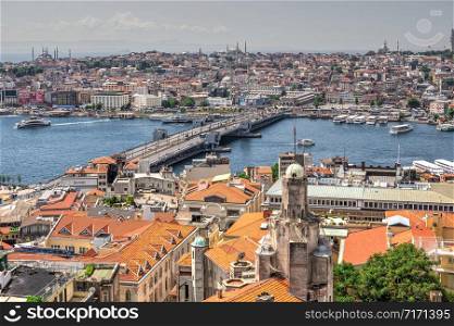 Istambul, Turkey ? 07.13.2019. Top view of Eminonu district of Istanbul and Galata bridge in Turkey at summer day. Top view of Istanbul city and Galata bridge in Turkey
