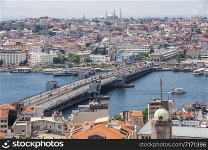 Istambul, Turkey ? 07.13.2019. Top view of Eminonu district of Istanbul and Galata bridge in Turkey at summer day. Top view of Istanbul city and Galata bridge in Turkey