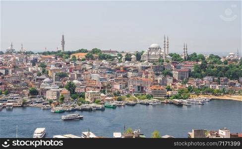Istambul, Turkey ? 07.13.2019. Top view of Eminonu district of Istanbul and Dock For Bosphorus Trips in Turkey on a summer day. Top view of Istanbul city and Dock For Bosphorus Trips in Turkey