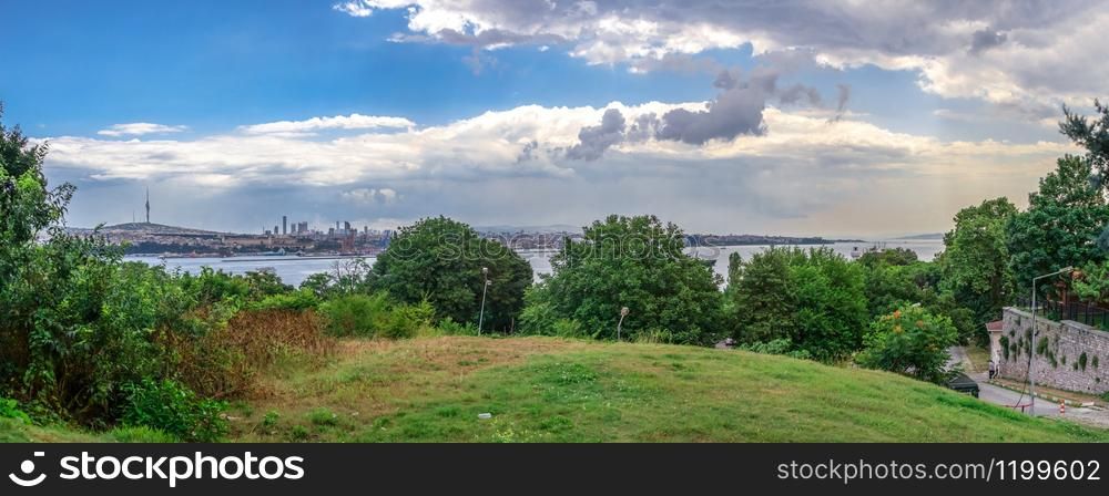 Istambul, Turkey ? 07.13.2019. View of the Golden Horn from Topkapi Park on a cloudy summer day. View of the Golden Horn from Topkapi Park in Istanbul, Turkey