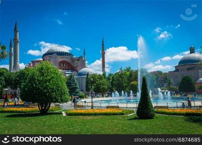 Istambul, Turkey 11.07.2017. Sultan Ahmet park in Istanbul, Turkey, Europe. Ayasofya Museum (Hagia Sophia)