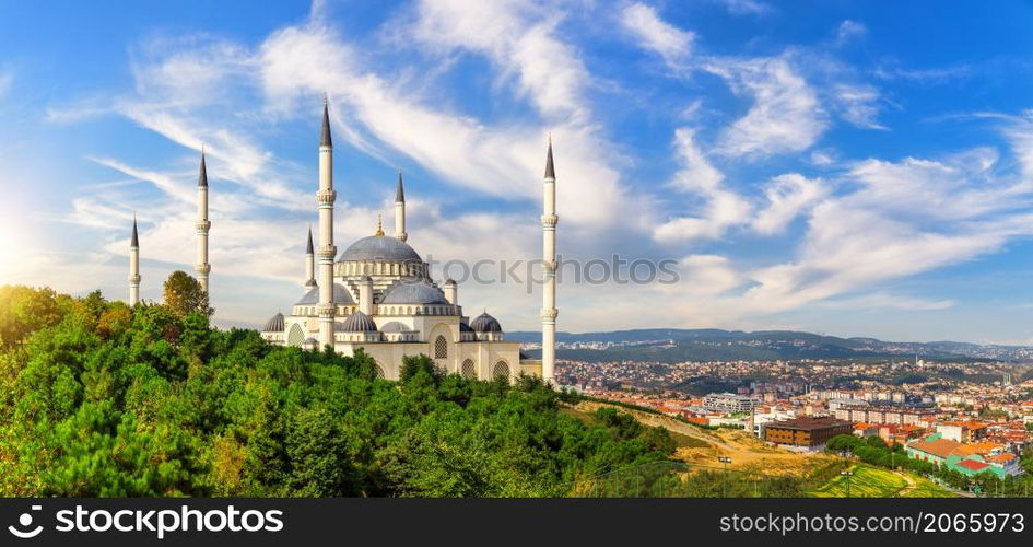 Istanbul Big Camlica Mosque, sunset panorama, beautiful aerial view.. Istanbul Big Camlica Mosque, sunset panorama, beautiful aerial view