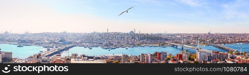 Istanbul bridges and the Golden Horn panorama, view from the Galata Tower.