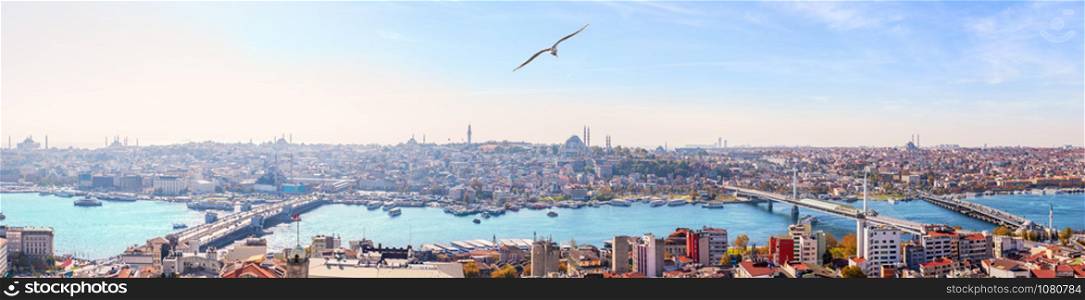 Istanbul bridges and the Golden Horn panorama, view from the Galata Tower.