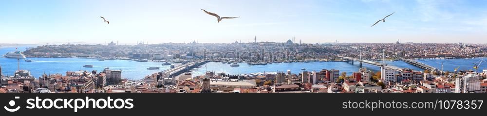 Istanbul bridges over the Golden Horn - the Galata Bridge, the Halic metro bridge, the Ataturk bridge, panoramic view.