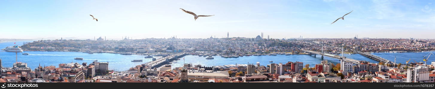 Istanbul bridges over the Golden Horn - the Galata Bridge, the Halic metro bridge, the Ataturk bridge, panoramic view.