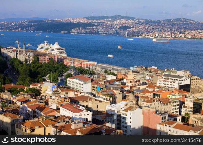 Istanbul cityscape in Turkey, on the first plan Beyoglu district (European Side), Bosphorus Strait and Asian Side on the other shore