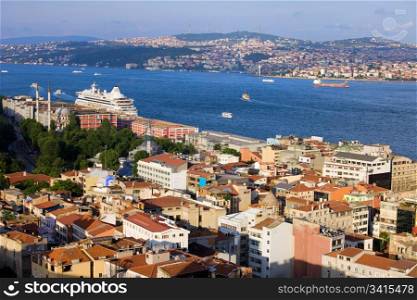 Istanbul cityscape in Turkey, on the first plan Beyoglu district (European Side), Bosphorus Strait and Asian Side on the other shore