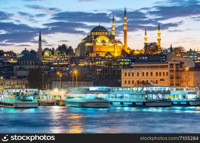 Istanbul cityscape skyline at night in Istanbul city, Turkey.