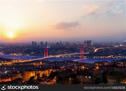 Istanbul evening skyline, view on the Bosphorus Bridge, Turkey.