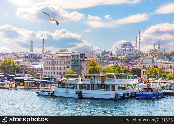 Istanbul sights view: the Eminonu pier, the Rustem Pasha Mosque and the Suleymaniye Mosque.. Istanbul sights view: the Eminonu pier, the Rustem Pasha Mosque and the Suleymaniye Mosque