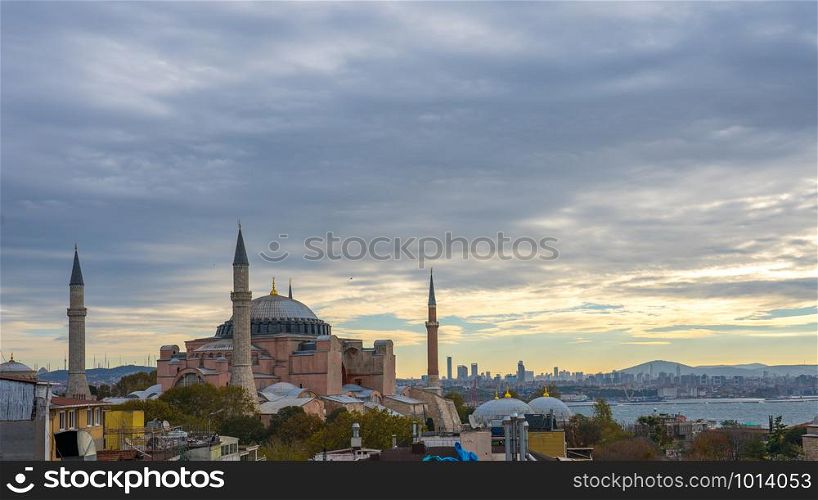 Istanbul skyline with Hagia Sofia in Istanbul, Turkey.