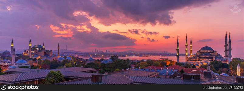 Istanbul sunset, beautiful panorama of the Hagia Sophia and the Blue Mosque, Turkey.