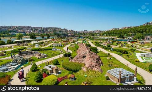 ISTANBUL, TURKEY - 12 JULY, 2017: Miniaturk is a miniature park in Istanbul, Turkey. The park contains 122 models. Panoramic view of Miniaturk