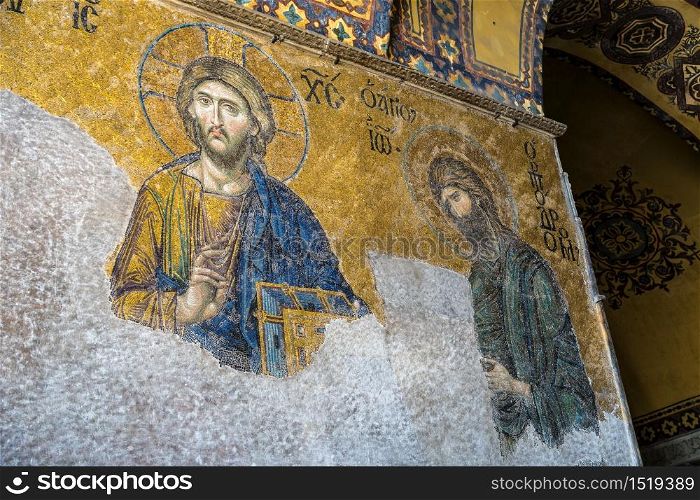 ISTANBUL, TURKEY - JULY 26, 2017: Jesus figure in Hagia Sophia interior in Istanbul, Turkey in a beautiful summer day